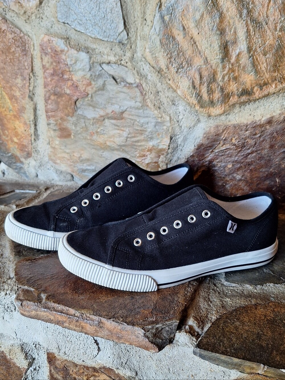 Womans Black Canvas Slip-On Sneakers with White Trim
